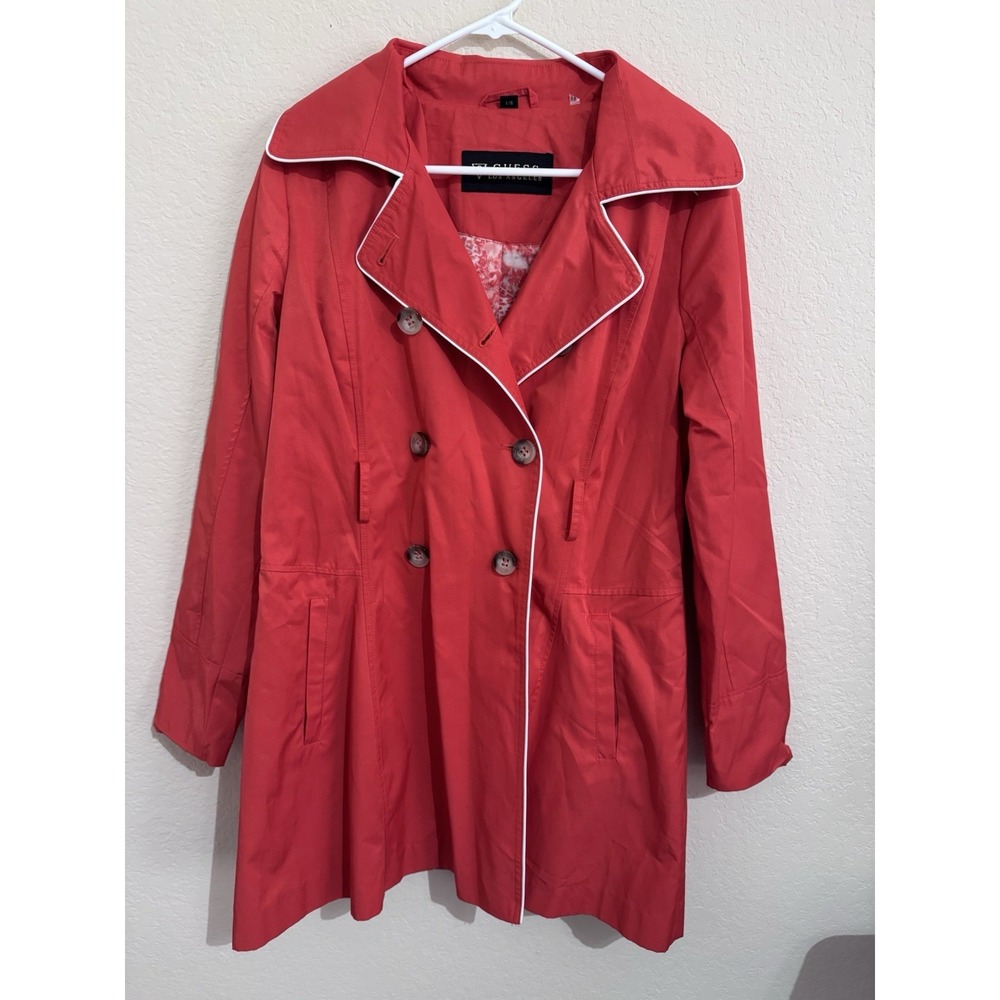 Guess Women's Pink Trench Coat Jacket Large Double Breasted Belted Style